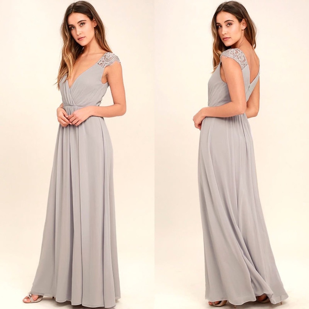 Lulu's Whimsical Wonder Lace Maxi Dress in Light Grey